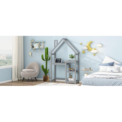 House-shaped Wooden writing Desk,Kids study Table,Bookshelf & Toy Storage,Grey