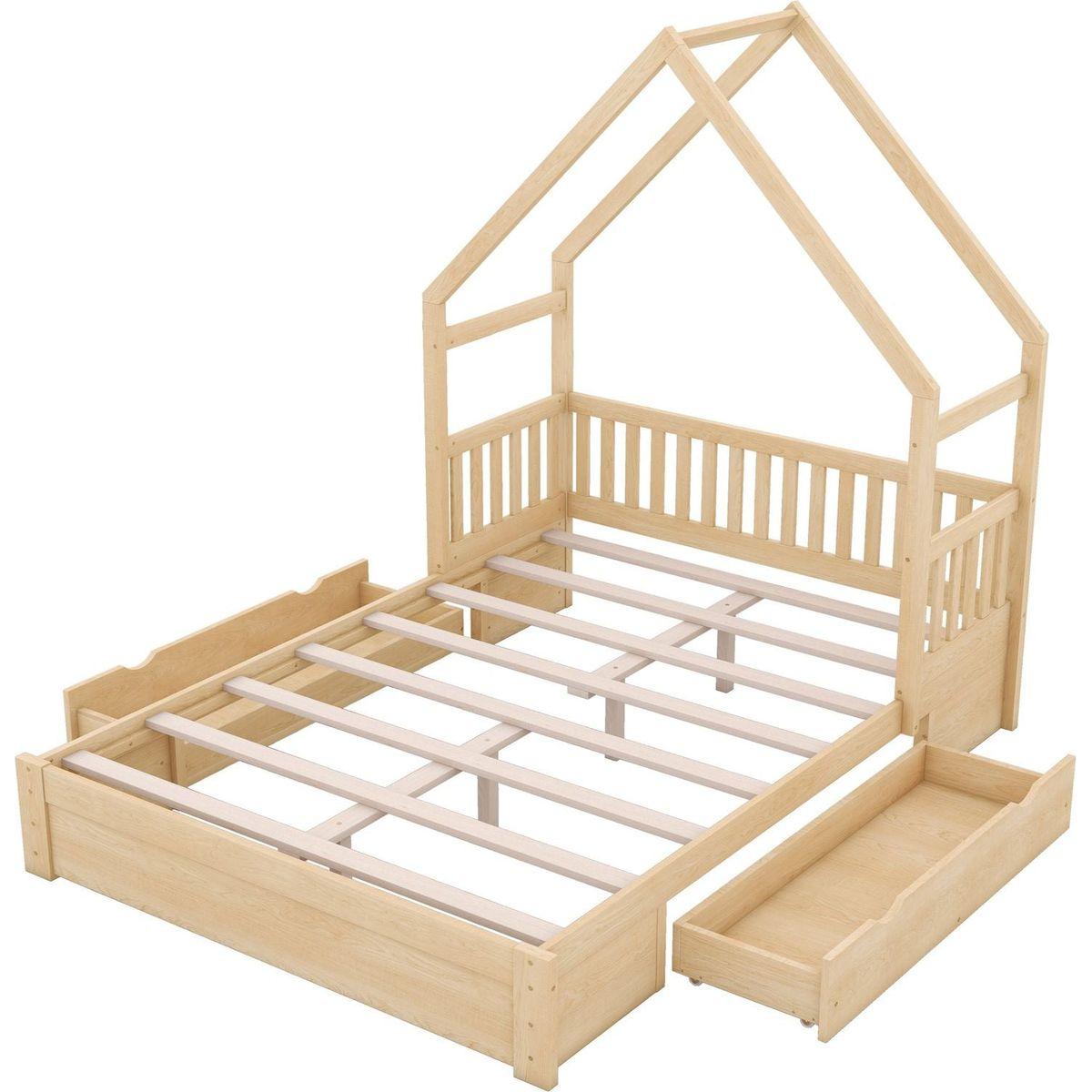 Wood Queen Size House Platform Bed with Guardrail and 2 Drawers, Natural