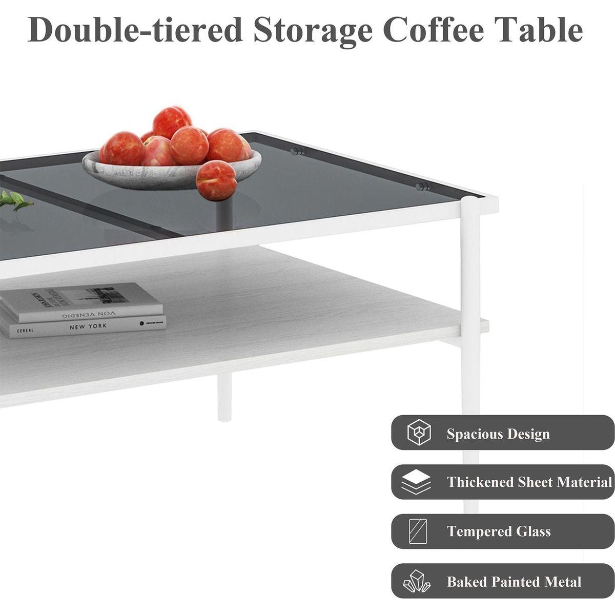Rectangle Coffee Table with Gray Tempered Glass top and White Legs, Modern Table for Living Room - Streamdale Furniture