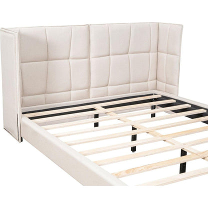 Queen Size Upholstered Platform Bed with LED Lights and U-Shaped Headboard, Linen Fabric, Beige