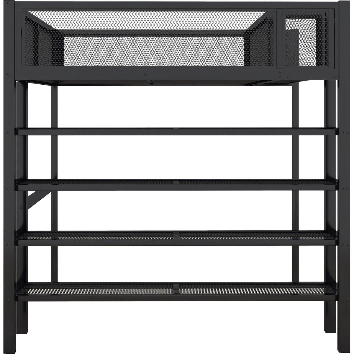 Full Size Metal Loft Bed with 4-Tier Shelves and Storage, Black