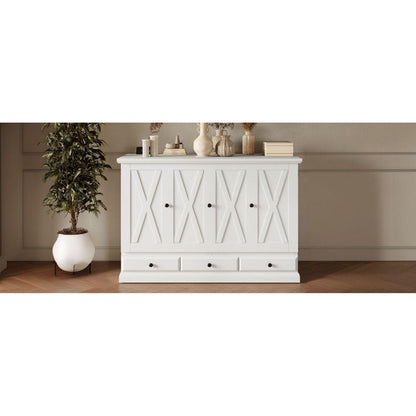 Solid Pine Murphy Bed Chest Cube Cabinet Bed with Charging Station and Large Storage Drawer for Home Office or Small Room,Full,White