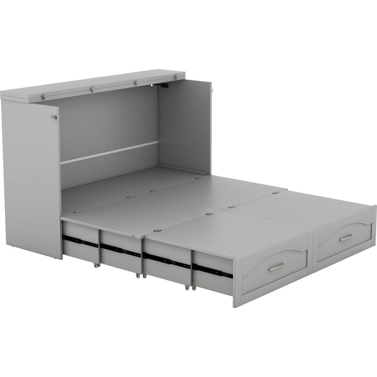 Queen Size Murphy Bed Wall Bed with drawer and a set of Sockets & USB Ports, Pulley Structure Design, Gray