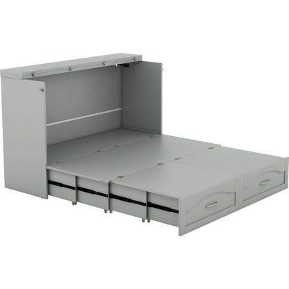 Queen Size Murphy Bed Wall Bed with drawer and a set of Sockets & USB Ports, Pulley Structure Design, Gray