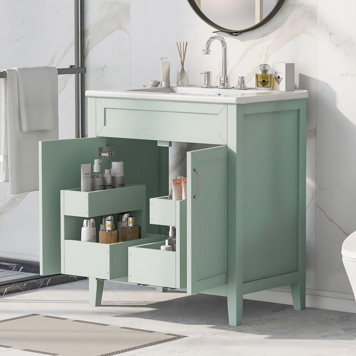 30" Bathroom Vanity with Sink, Multi-functional Bathroom Cabinet with Doors and Drawers, Solid Frame and MDF Board, Green