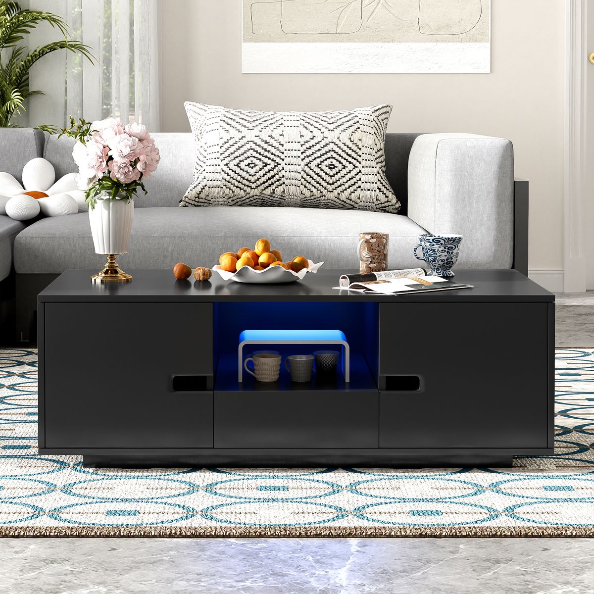 U-Can Modern High Glossy Rectangle Coffee Table, Stylish Center Table with Storage Space, Accent Furniture with 16 Color LED Lights for Living Room