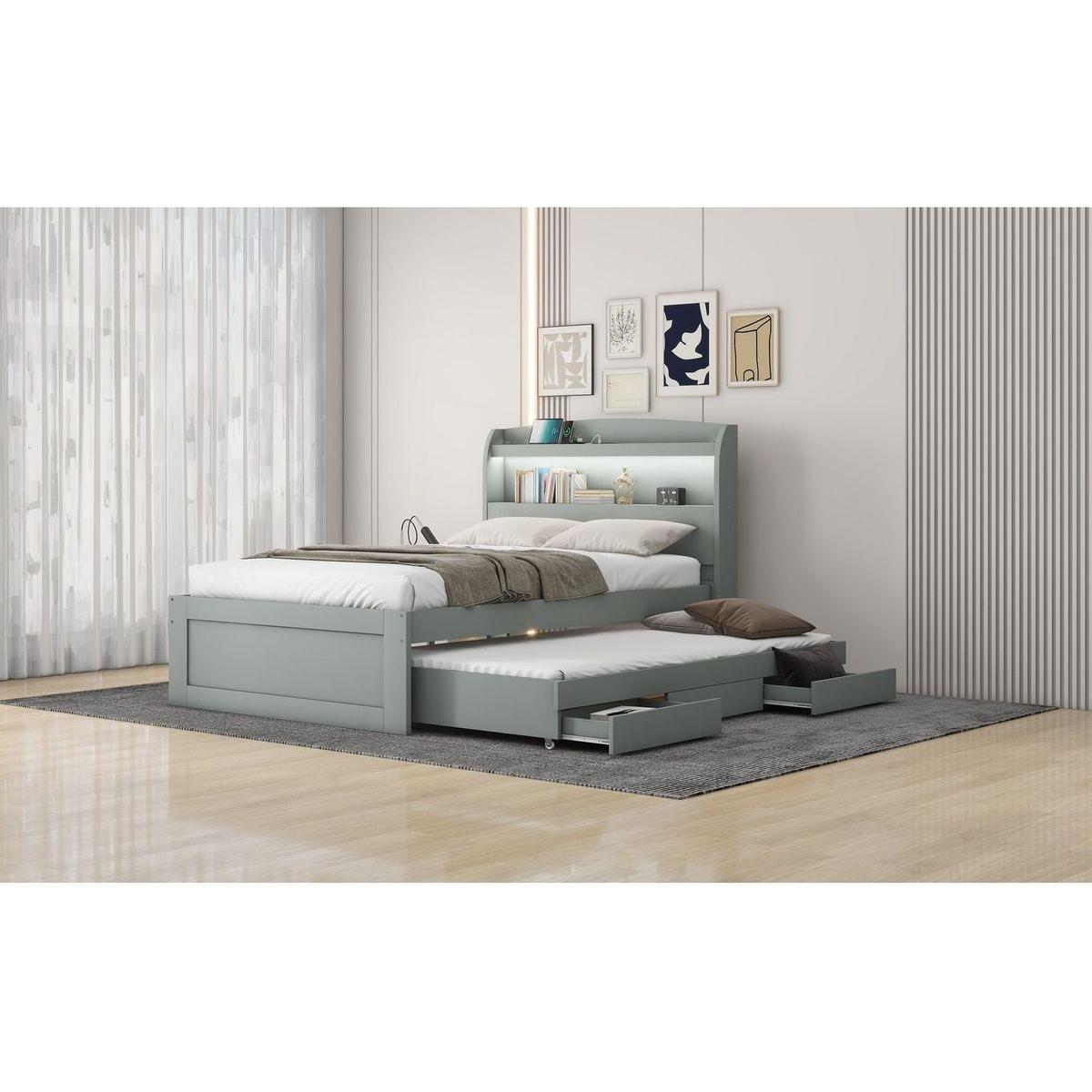 Twin XL Size Platform Bed with Storage LED Headboard, Charging Station, Twin Size Trundle and 2 Drawers, Gray
