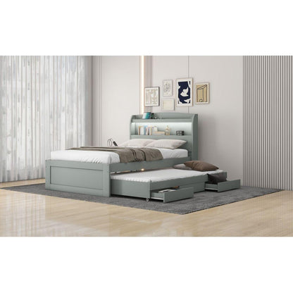 Twin XL Size Platform Bed with Storage LED Headboard, Charging Station, Twin Size Trundle and 2 Drawers, Gray