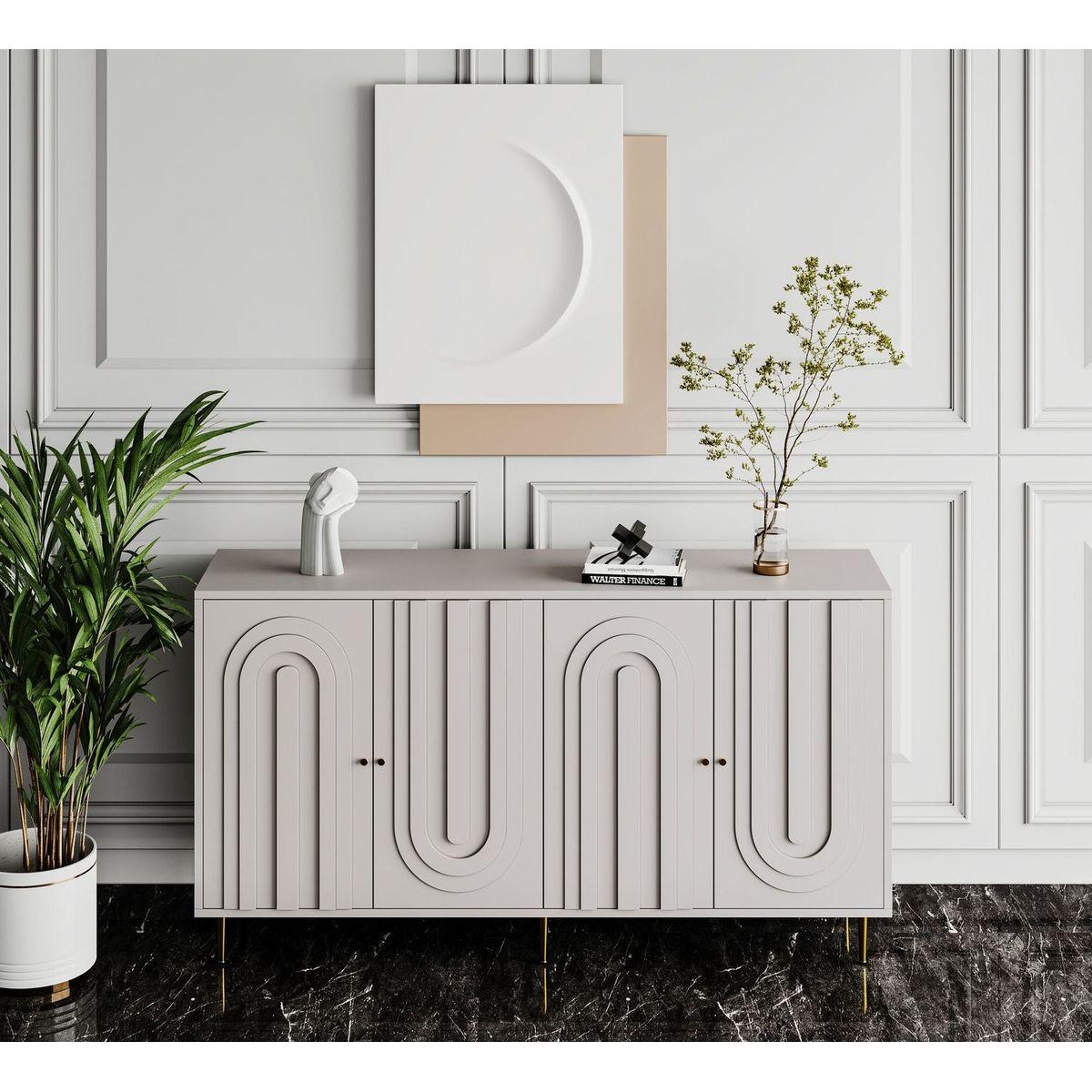 Modern Gray Lacquered 4 Door Wooden Cabinet Sideboard Buffet Server Cabinet Storage Cabinet, for Living Room, Entryway, Hallway, Office, Kitchen and Dining Room