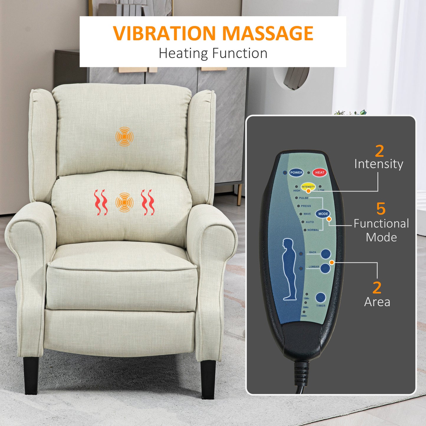 Vibration Massage Recliner Chair for Living Room with Heat, Wingback Single Sofa, Modern Linen Fabric Push Back Reclining Chair with Footrest, Side Pocket, White