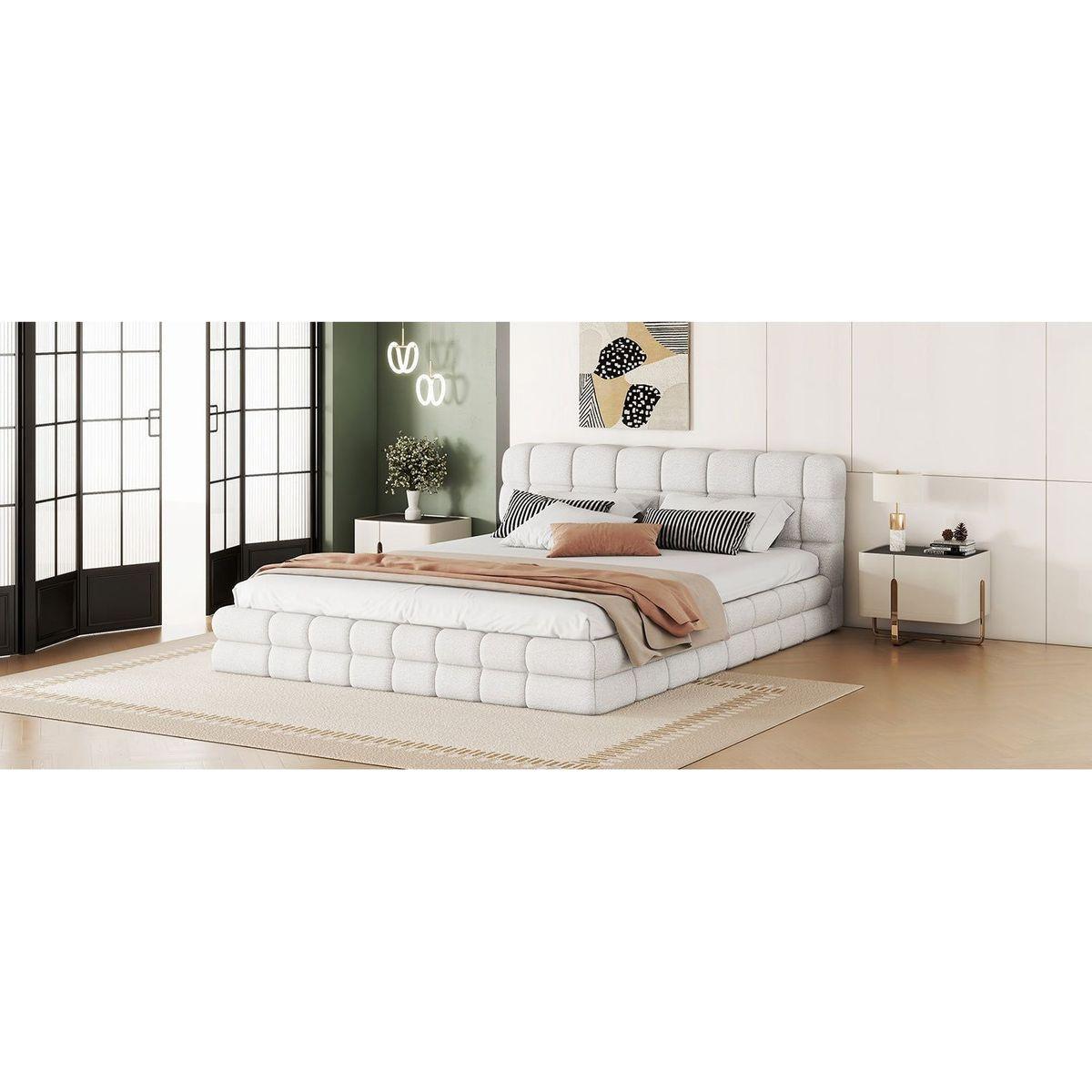 Queen Size Upholstered Platform Bed, White