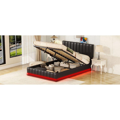 Full Size Upholstered Bed with Hydraulic Storage System and LED Light, Modern Platform Bed with Sockets and USB Ports, Black