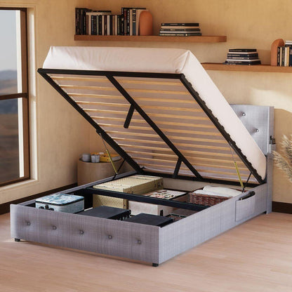 Queen Size Bed Frame with Storage - Lift Up Storage Bed with Modern Wingback Headboard, USB Ports