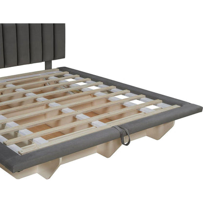 Queen Size Upholstered Floating Bed with LED Light and USB Port, Velvet, Gray, Hydrualic Platform Bed