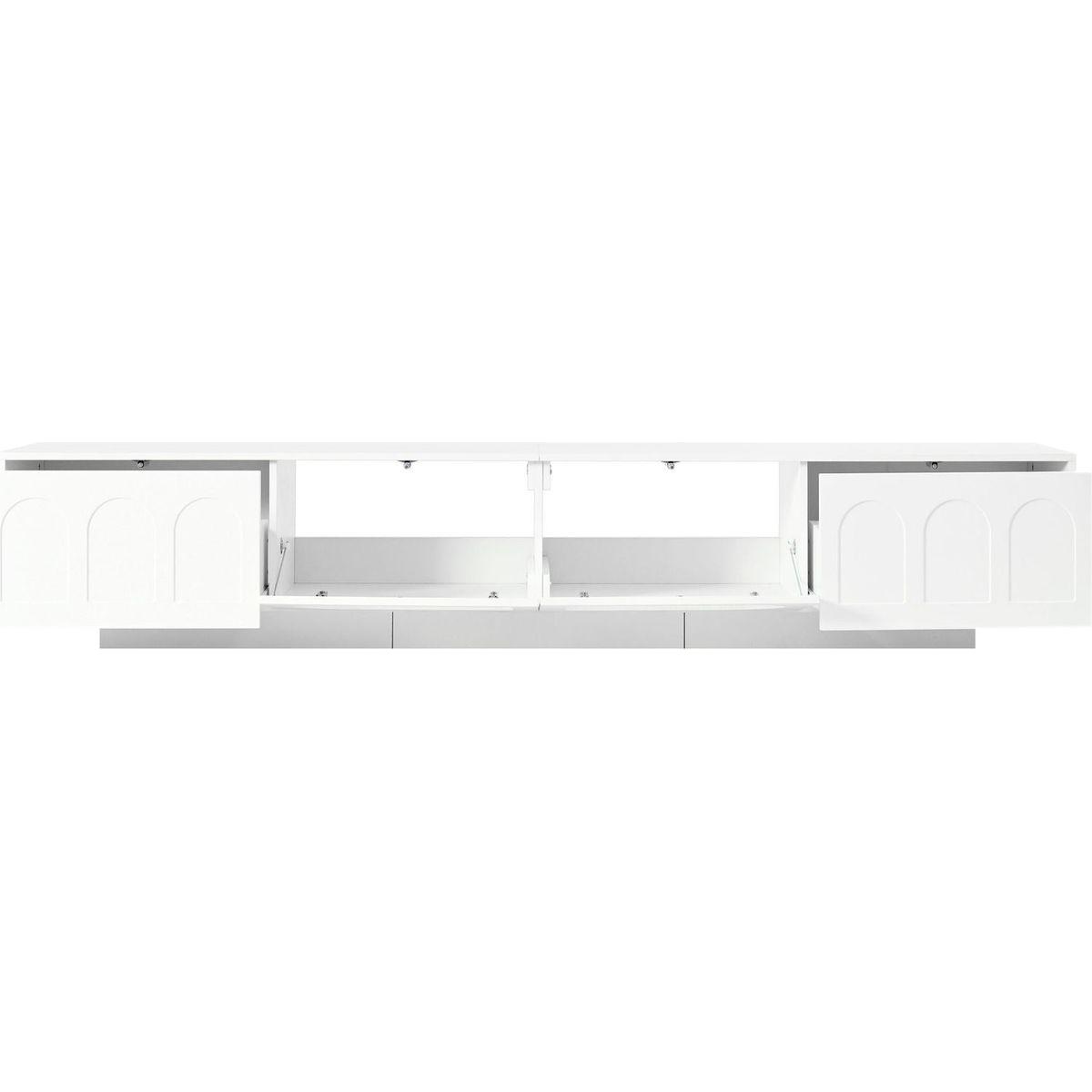 TV Stand with Fluted tempered Glass Doors for TVs Up to 95", Functional Media Console with Arched Cabinet Doors, Entertainment Center with APP-Controlled LED Light for Living Room, White