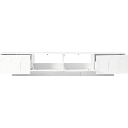 TV Stand with Fluted tempered Glass Doors for TVs Up to 95", Functional Media Console with Arched Cabinet Doors, Entertainment Center with APP-Controlled LED Light for Living Room, White