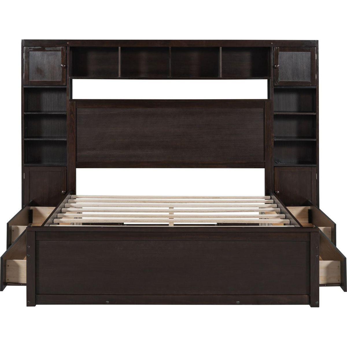 Queen Size Wooden Bed With All-in-One Cabinet, Shelf and Sockets, Espresso
