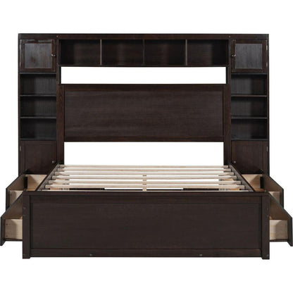 Queen Size Wooden Bed With All-in-One Cabinet, Shelf and Sockets, Espresso