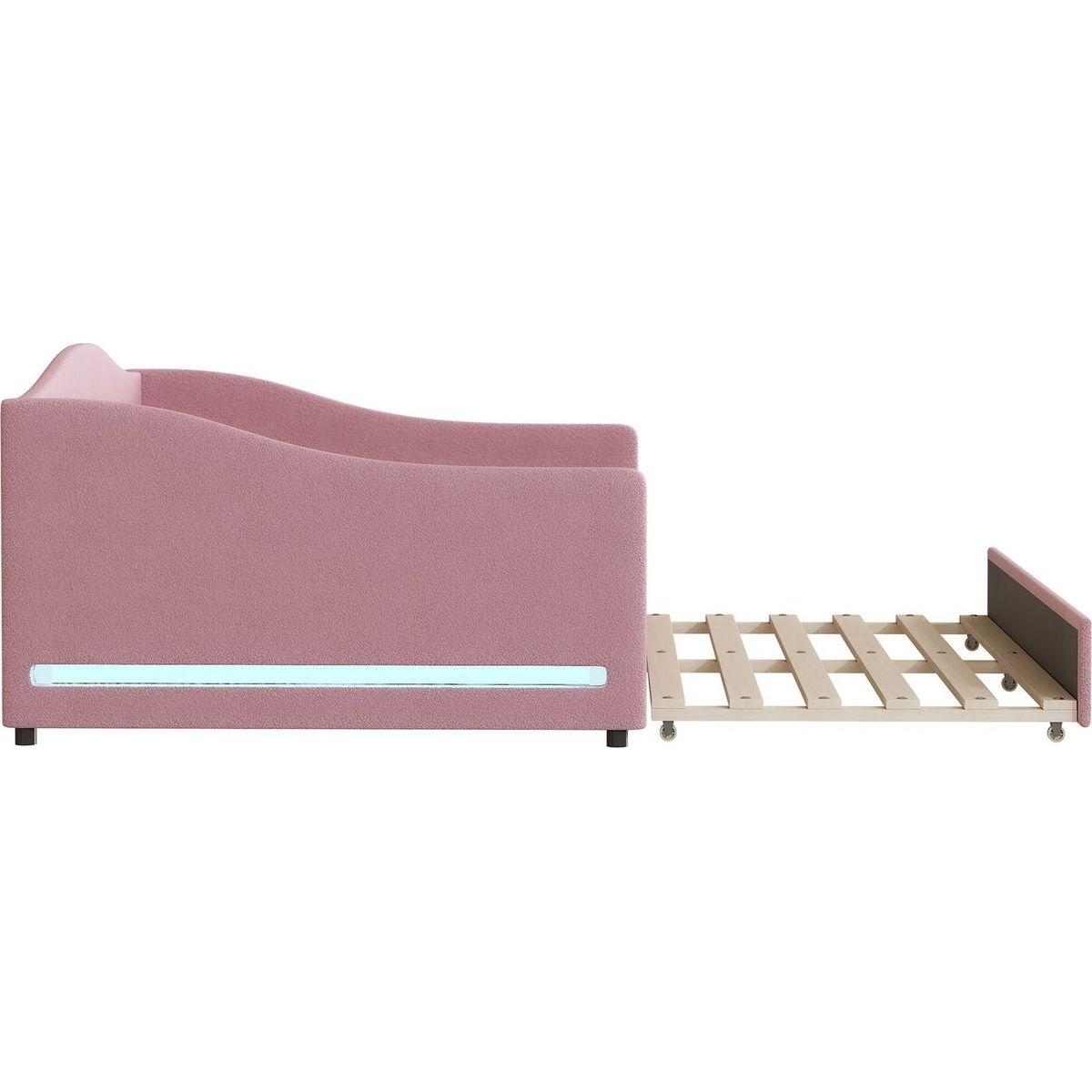 Teddy Fleece Full Size Upholstered Daybed with Light and Trundle, Pink