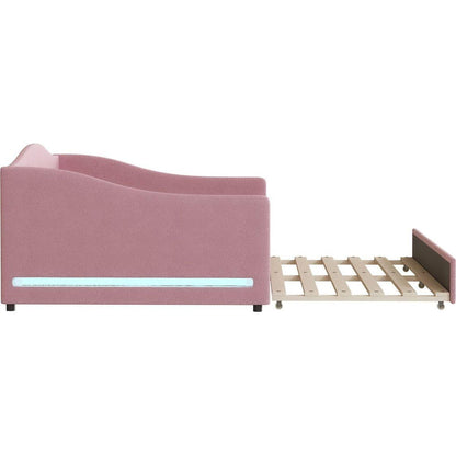 Teddy Fleece Full Size Upholstered Daybed with Light and Trundle, Pink
