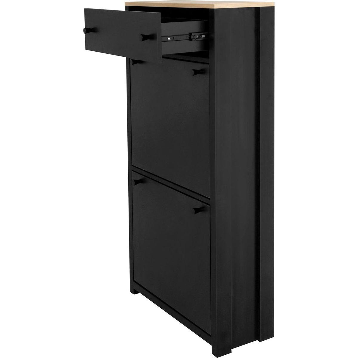 Slim Shoe Cabinet Set with 4 Flip Drawers, Wood Grain Pattern Top Shoe Storage Solution with Adjustable Panel, Modern Style Shoe Rack with Drawers for Hallway, Black