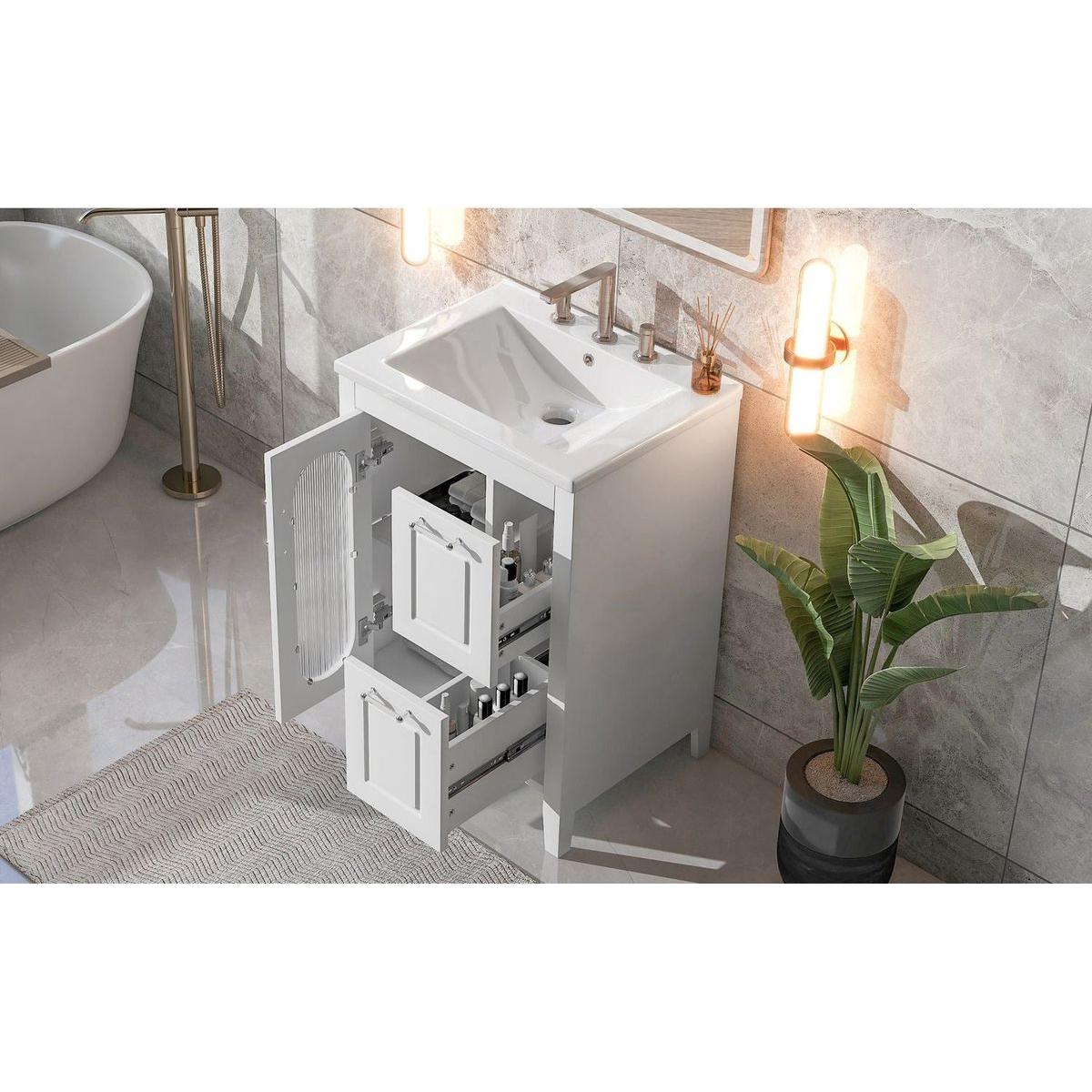 24" Bathroom Vanity with Sink, Bathroom Vanity Cabinet with Two Drawers and Door, Adjustable Shelf, Solid Wood and MDF, White