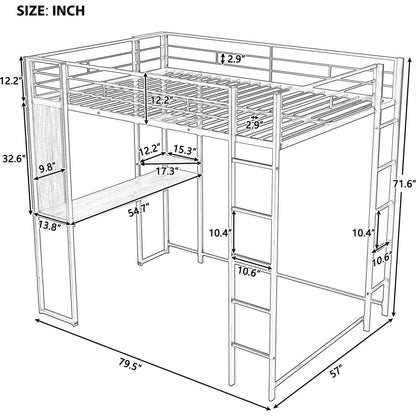 Full Size Metal Loft Bed with 2 Shelves and one Desk, Black