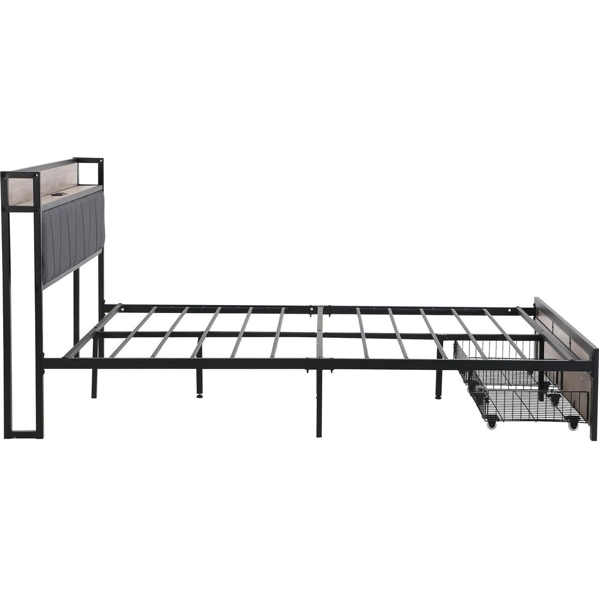 FULL Size Metal Platform Bed Frame with upholstery storage function Headboard and USB LINER and Footboard with drawers, No Box Spring Needed, Large Under Bed Storage, Easy Assemble