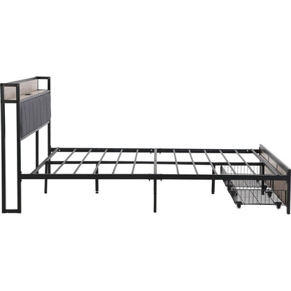 FULL Size Metal Platform Bed Frame with upholstery storage function Headboard and USB LINER and Footboard with drawers, No Box Spring Needed, Large Under Bed Storage, Easy Assemble