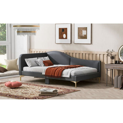 Twin Size Upholstered Daybed with Headboard and Armrest, Support Legs, Grey