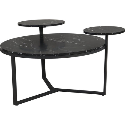 Modern coffee table with two display shelves, Black Faux marble surfaces, Tripod-inspired base,Rounded tabletop edges