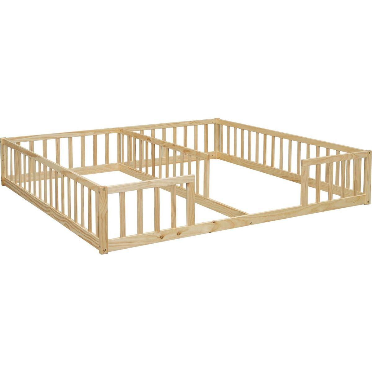 Double Twin Floor Bed with Fence, Guardrails, without door, Natural