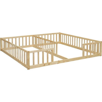 Double Twin Floor Bed with Fence, Guardrails, without door, Natural