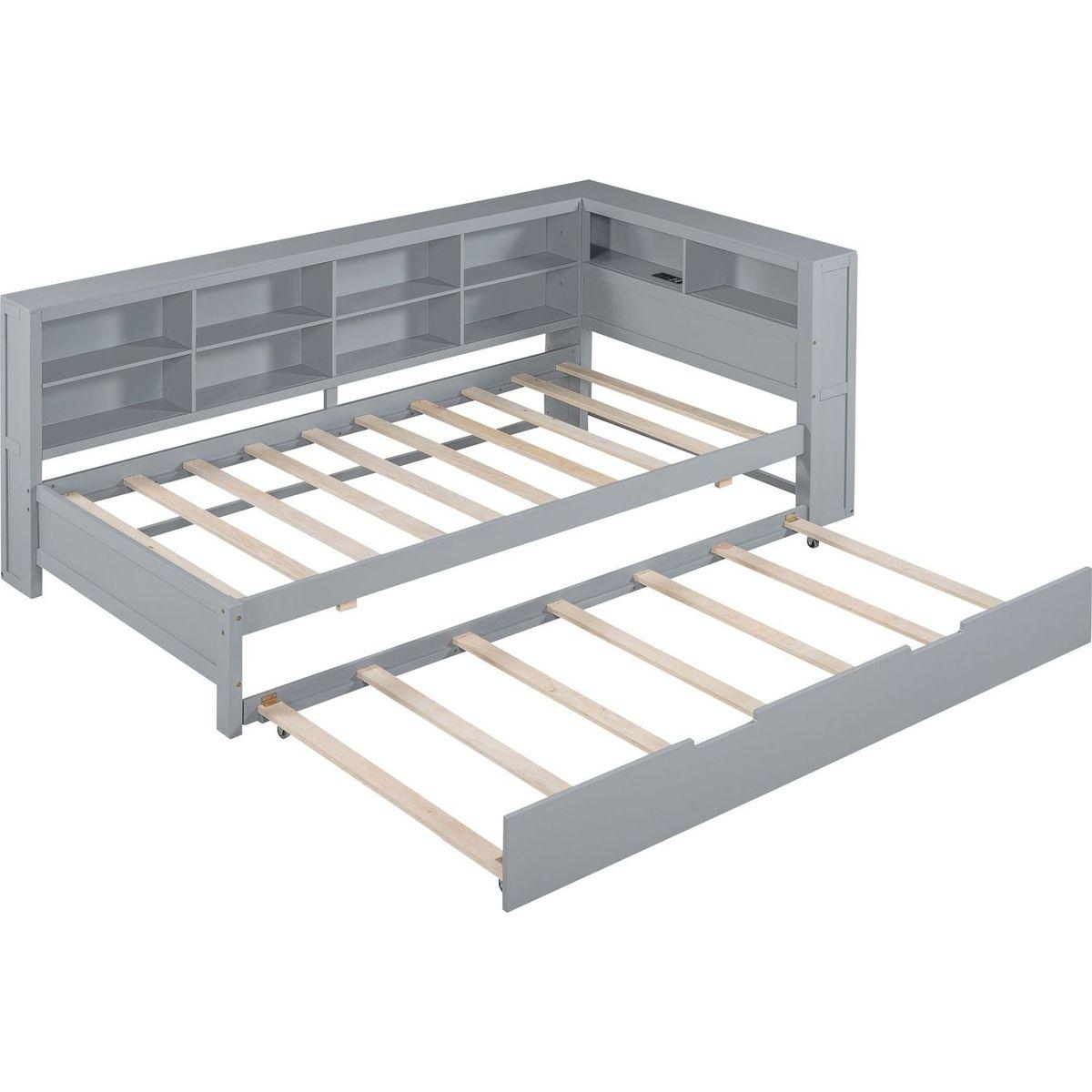 Wooden Twin Size DayBed with Twin Size Trundle, DayBed with Storage Shelf and USB Charging Ports,Grey