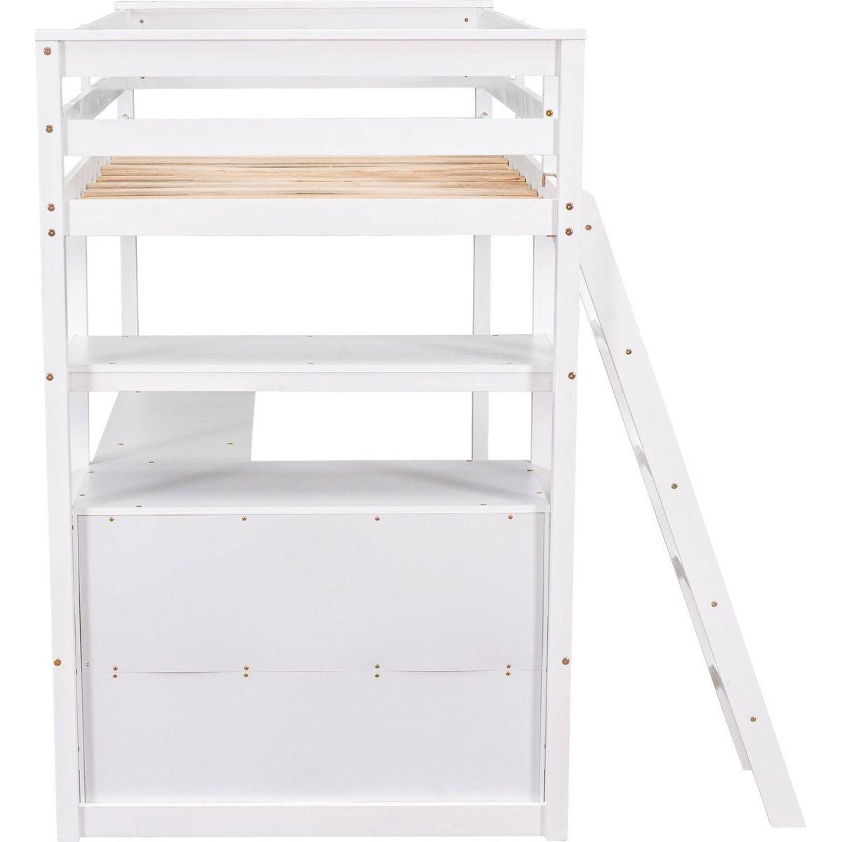 Twin Size Loft Bed with Desk and Shelves, Two Built-in Drawers, White
