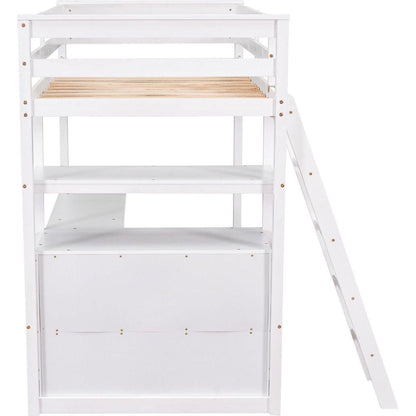 Twin Size Loft Bed with Desk and Shelves, Two Built-in Drawers, White