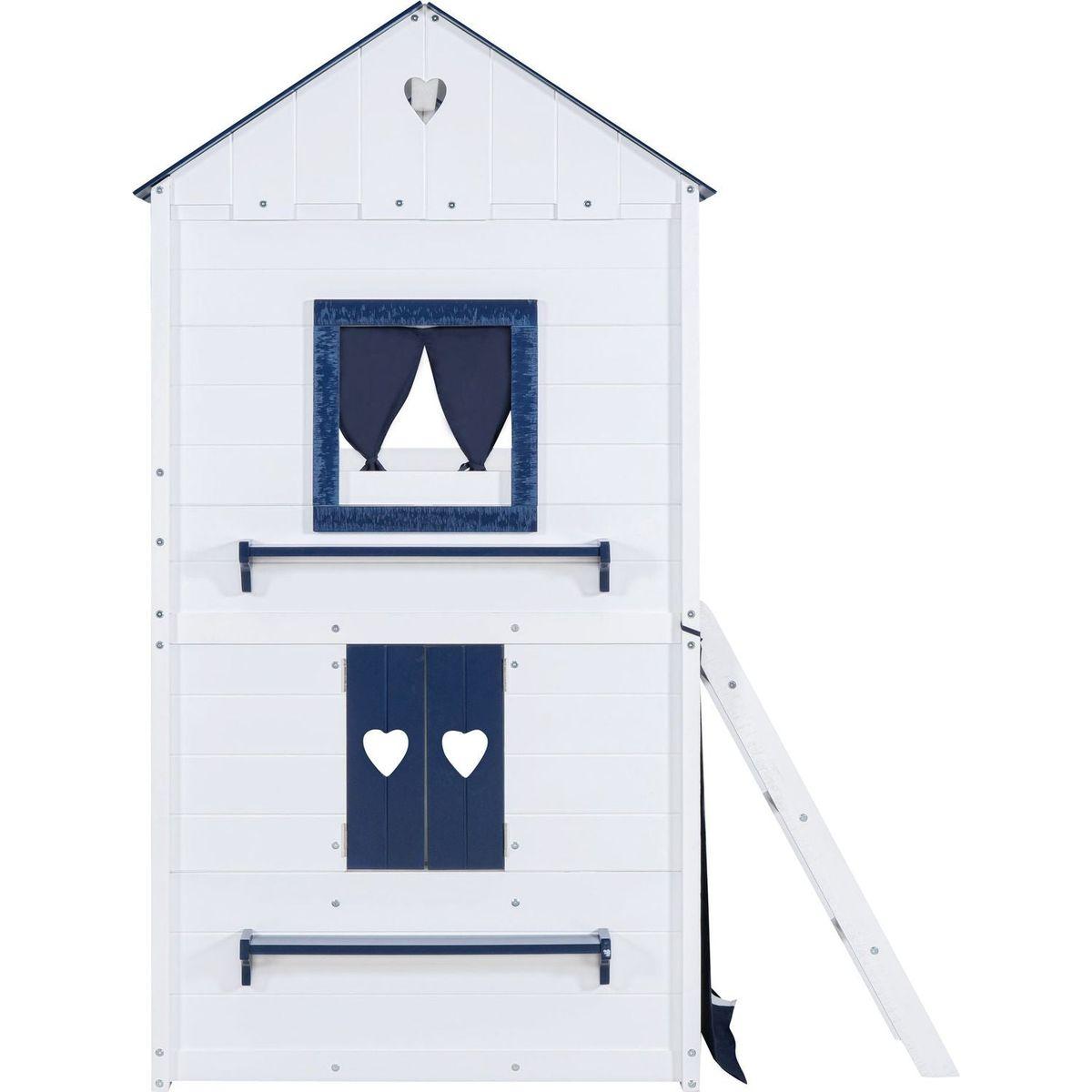 Twin Size Bunk Wood House Bed with Elegant Windows, Sills and Tent, Blue+White