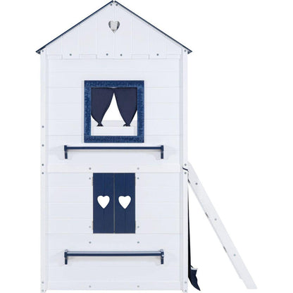 Twin Size Bunk Wood House Bed with Elegant Windows, Sills and Tent, Blue+White
