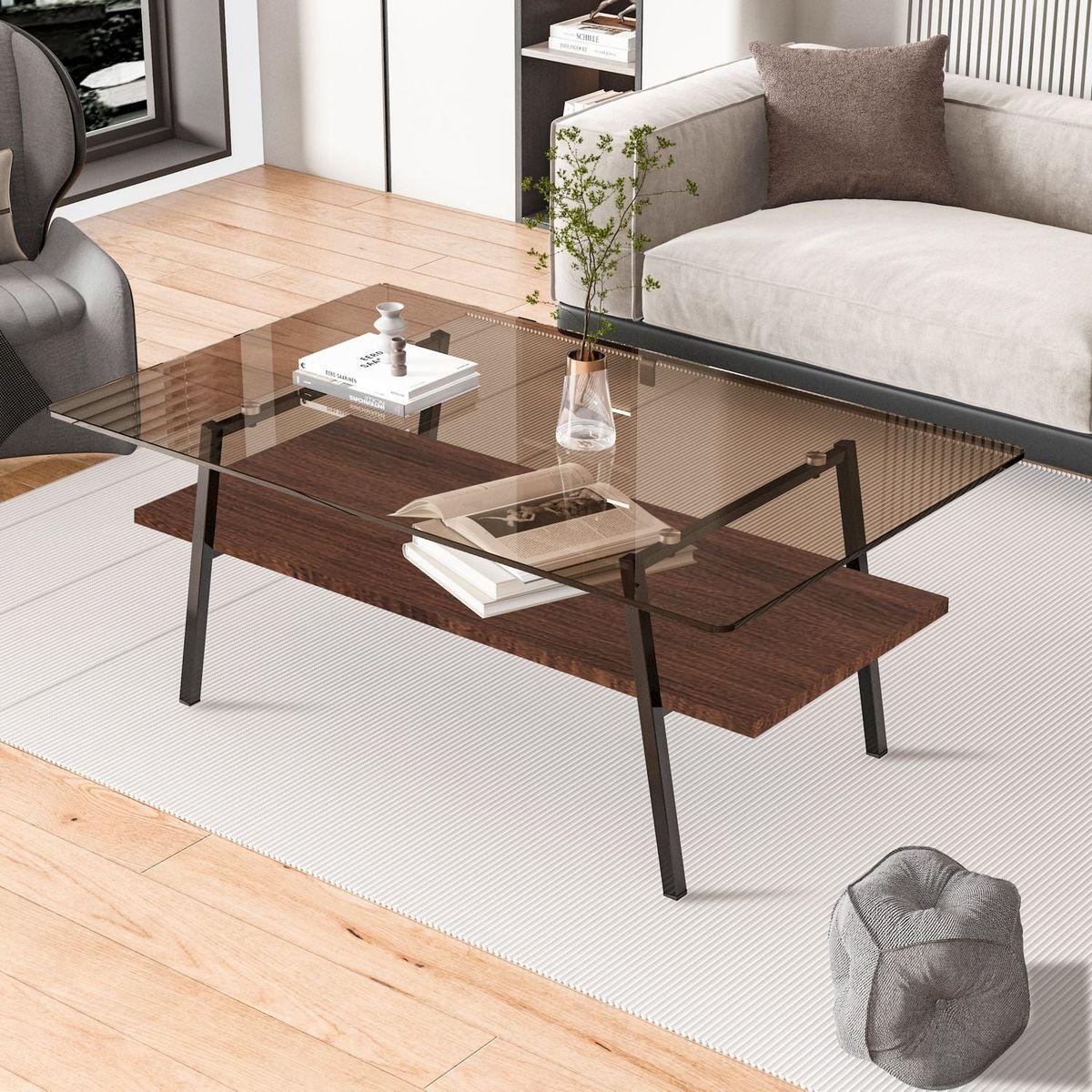 Rectangle Coffee Table, Tempered Glass Tabletop with Black Metal Legs, Modern Table for Living Room, Brown Glass