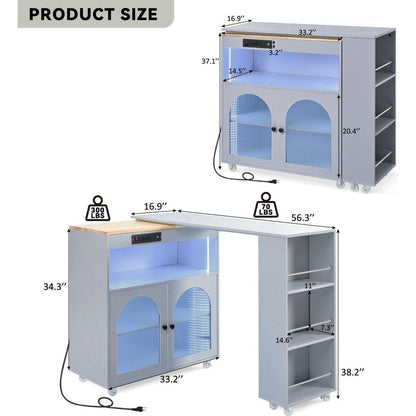 Rolling Kitchen Island With Movable Extended Table, Kitchen Cabinet on Wheels with Power Outlets and 2 Fluted Glass Doors, Kitchen Island with a Storage Compartment and Side 3 Open Shelves, Grey