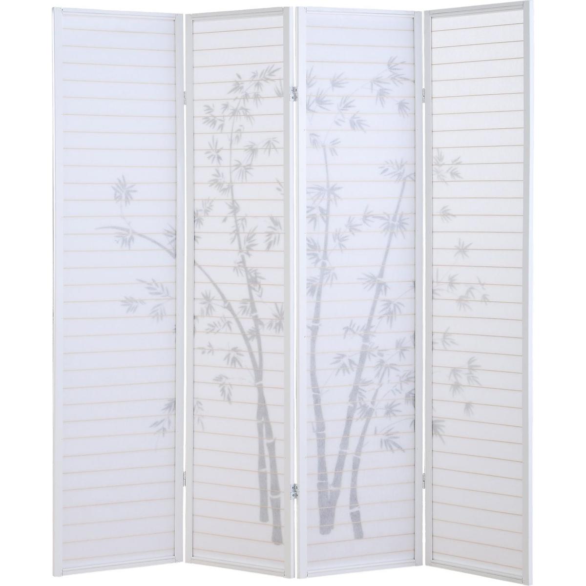 Bamboo Print 4-Panel Framed Room Screen/Divider, White