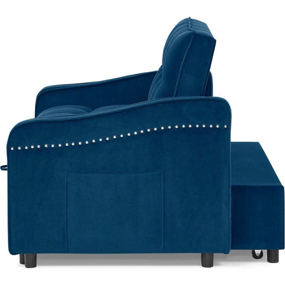 Loveseats Sofa Bed with Pull-out Bed,Adjustable Back and Two Arm Pocket,TypeC and USB Charging with Copper nail,Blue (47"x53"x31")