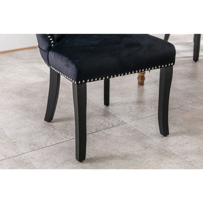 Set of 2 Black Velvet upholstered wing-back dining chair with backstitching nailhead trim and solid wood legs