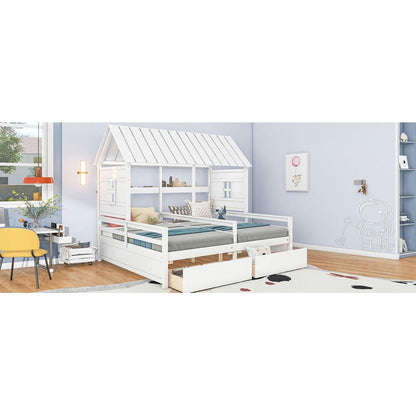 Twin Size House Platform Beds with Two Drawers for Boy and Girl Shared Beds, Combination of 2 Side by Side Twin Size Beds,White