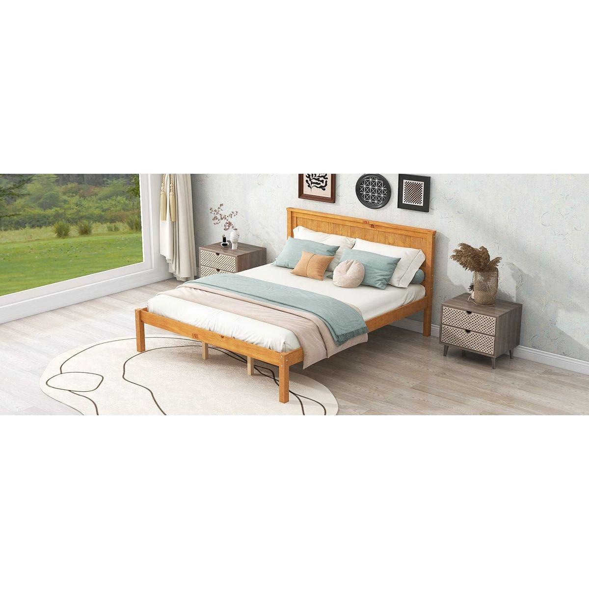 Platform Bed Frame with Headboard, Wood Slat Support, No Box Spring Needed, Queen, Oak