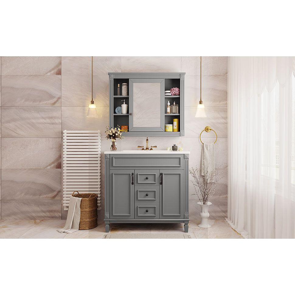 36" Bathroom Vanity with Top Sink, Grey Mirror Cabinet, Modern Bathroom Storage Cabinet with 2 Soft Closing Doors and 2 Drawers, Single Sink Bathroom Vanity