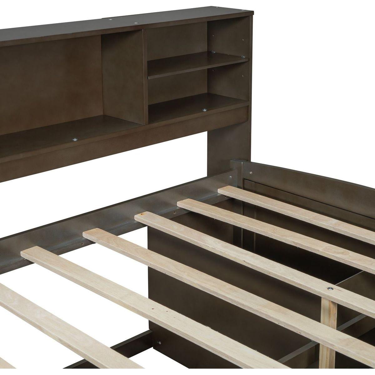 Full Size Wood Daybed with 2 Bedside Cabinets, Upper Shelves and 4 Drawers, Antique Brown