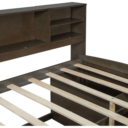 Full Size Wood Daybed with 2 Bedside Cabinets, Upper Shelves and 4 Drawers, Antique Brown