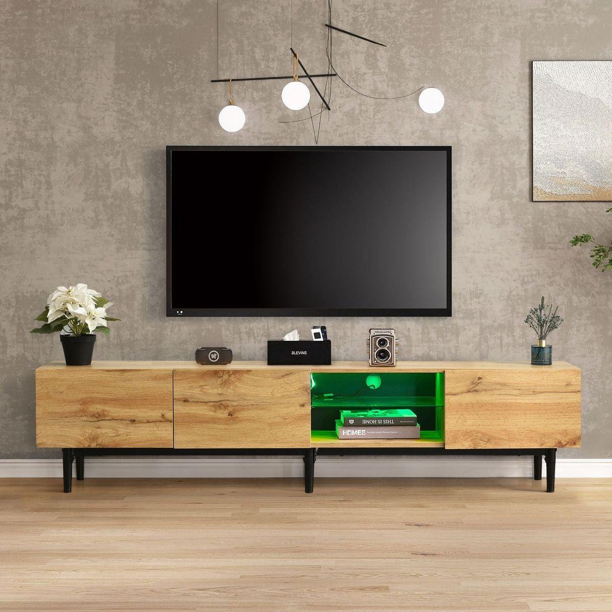 Modern TV Stand with 4 Cabinets& Open Shelves, Color-matching Media Console Table for TVs up to 80" with LED Light, Entertainment Center with Drop Down Door for Living Room, Bedroom, Home Theatre