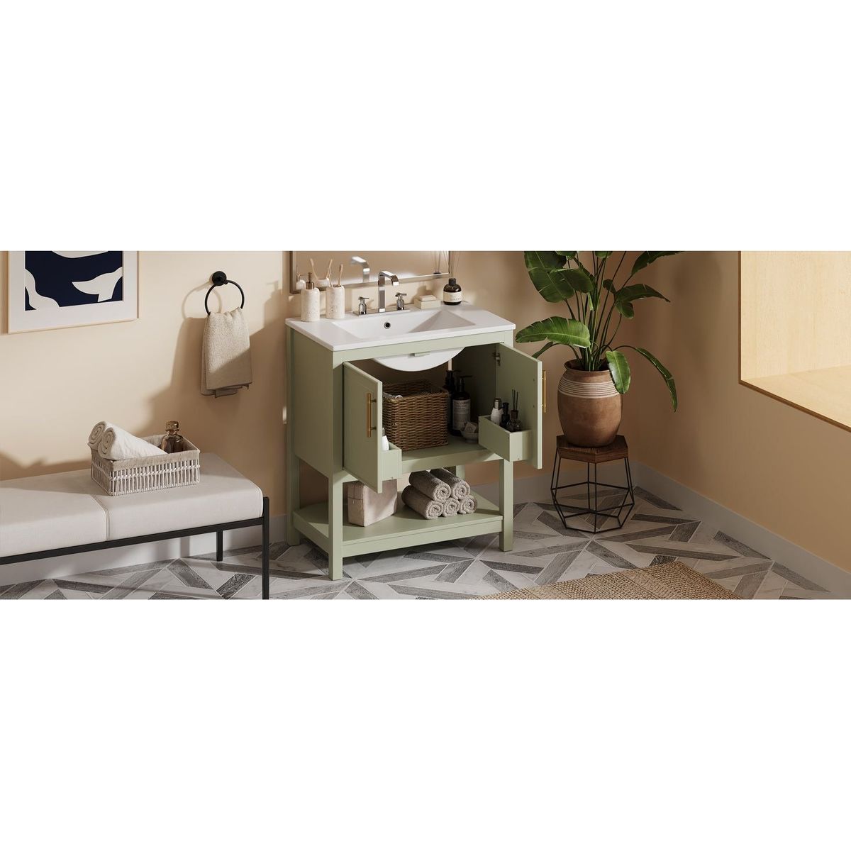 30-Inch Green Bathroom Vanity with Ceramic Sink and Versatile Storage - Ideal for Small Bathrooms